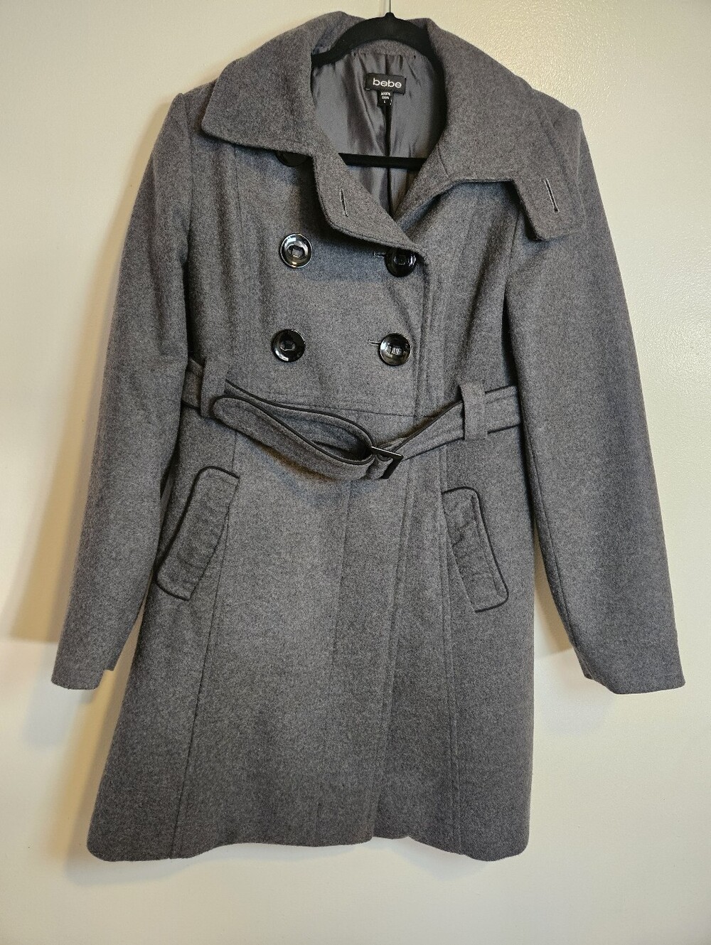 bebe Gray Double Breasted Wool Blend Trench Pea Coat with Belt Size L